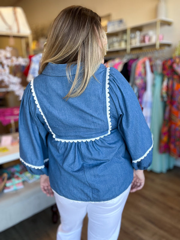 "Scallops & Shells" Denim Scallop 3/4 Sleeve Top