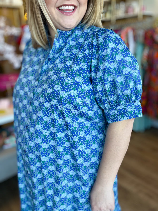 "Spring Meadows" Plus-Size Blue Floral Midi Dress