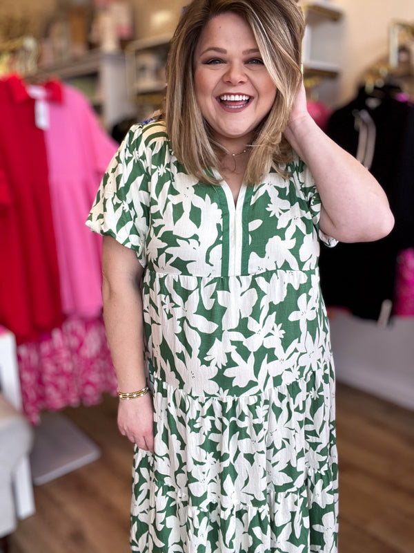 RESTOCKED! "Springtime in Savannah" Curvy Green Floral Midi Dress