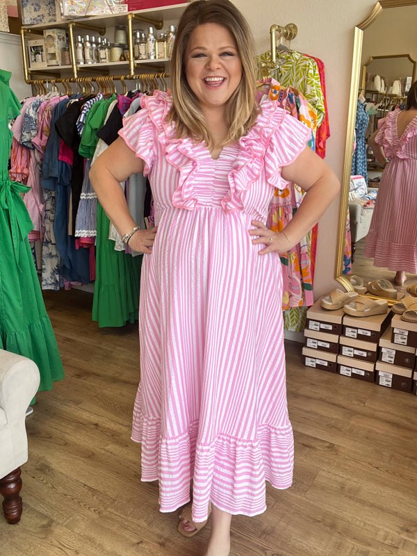 RESTOCKED! Strawberry Daiquiri Curvy Stripe Flutter Midi Dress