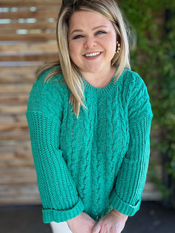 "The Snuggle is Real" Curvy Green Cable Knit Sweater