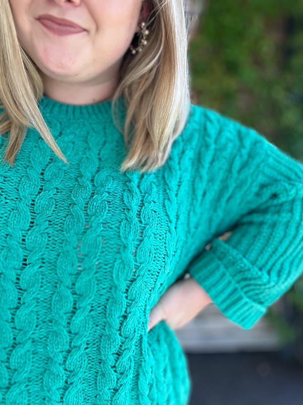 "The Snuggle is Real" Curvy Green Cable Knit Sweater