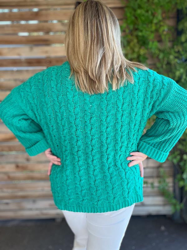 "The Snuggle is Real" Curvy Green Cable Knit Sweater