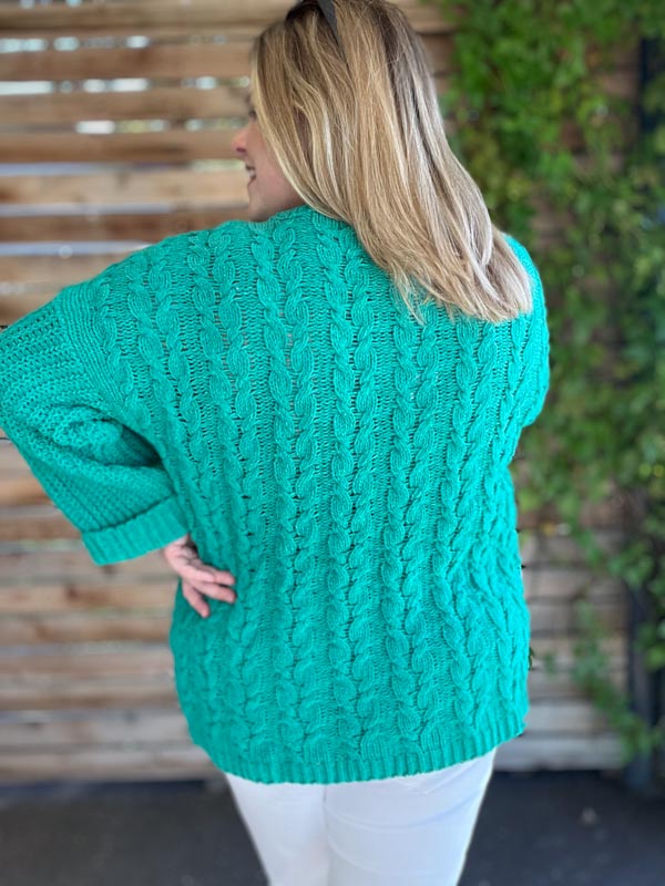 "The Snuggle is Real" Curvy Green Cable Knit Sweater