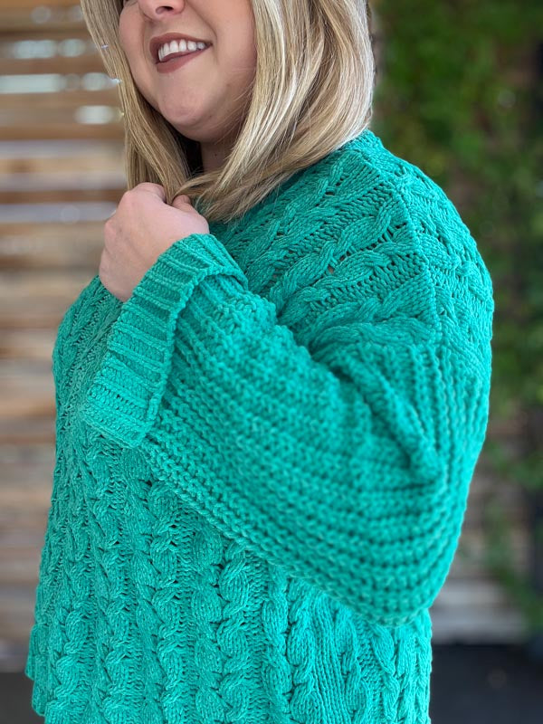 "The Snuggle is Real" Curvy Green Cable Knit Sweater
