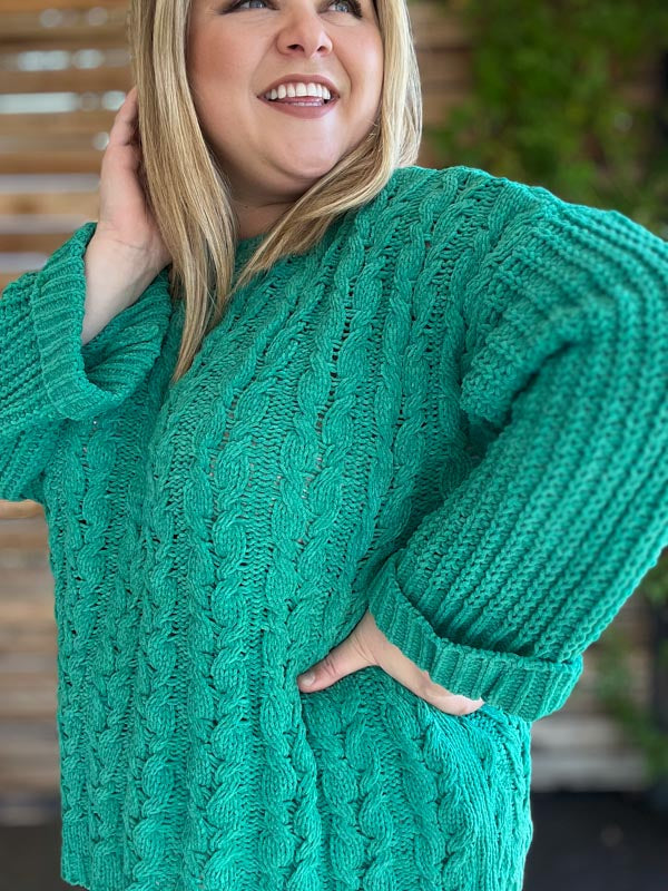 "The Snuggle is Real" Curvy Green Cable Knit Sweater
