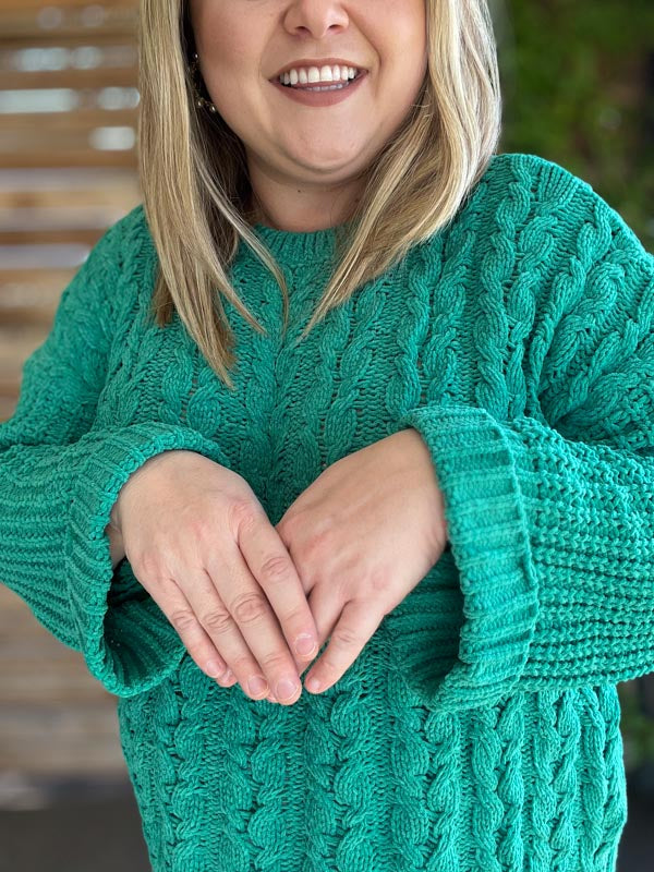 "The Snuggle is Real" Curvy Green Cable Knit Sweater