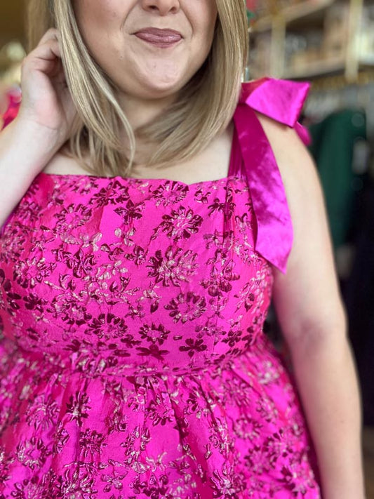 "Sass and Sparkle" Fuschia Jacquard Metallic Mini Dress