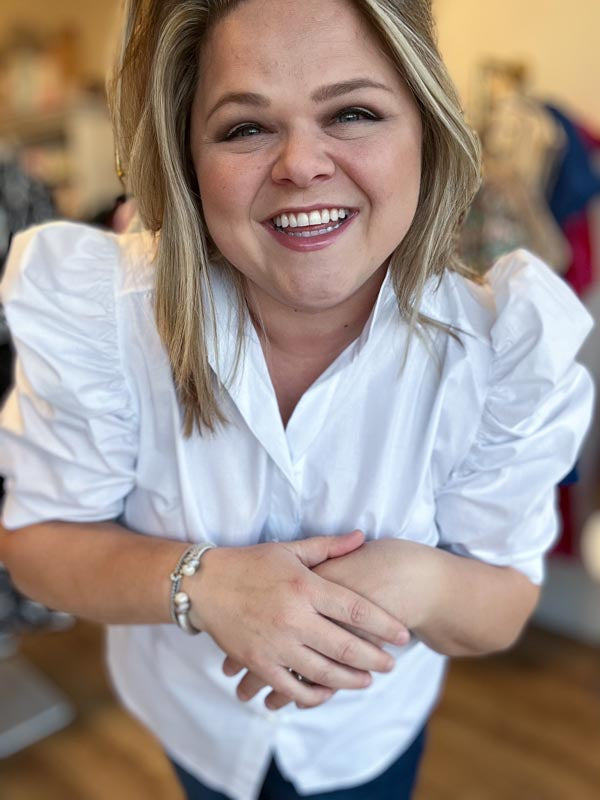 "White Like Snow" Plus-Size Puff Sleeve Button Blouse