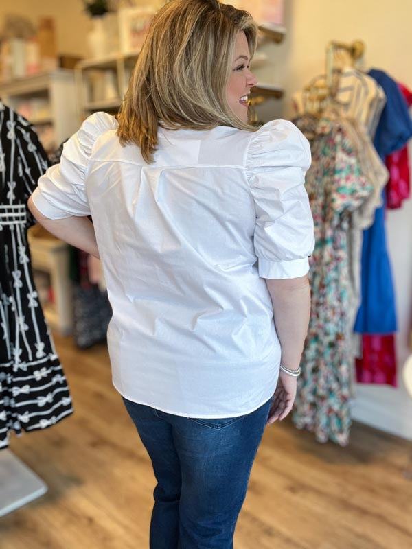 "White Like Snow" Plus-Size Puff Sleeve Button Blouse