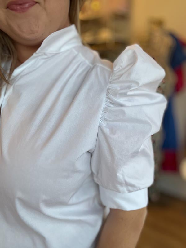 "White Like Snow" Plus-Size Puff Sleeve Button Blouse