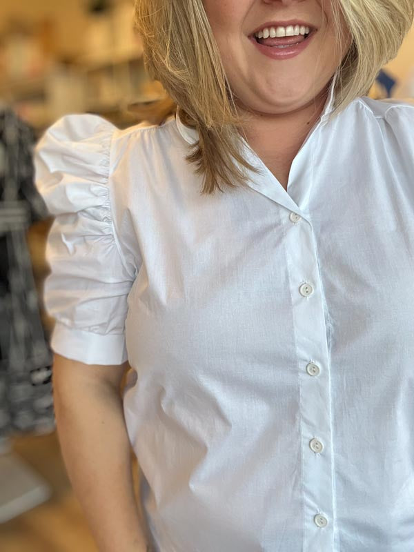 "White Like Snow" Plus-Size Puff Sleeve Button Blouse