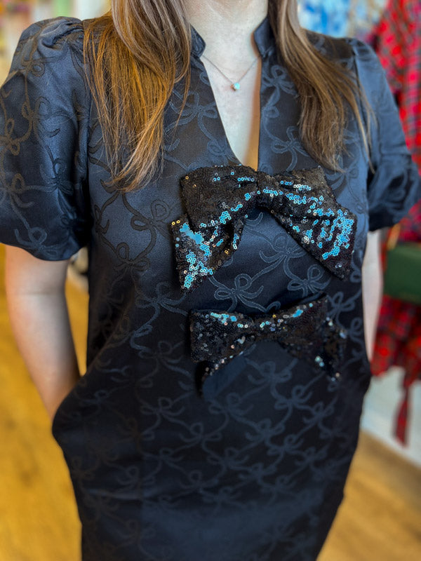 "Wrap Me Up" Black Jacquard Bow Dress