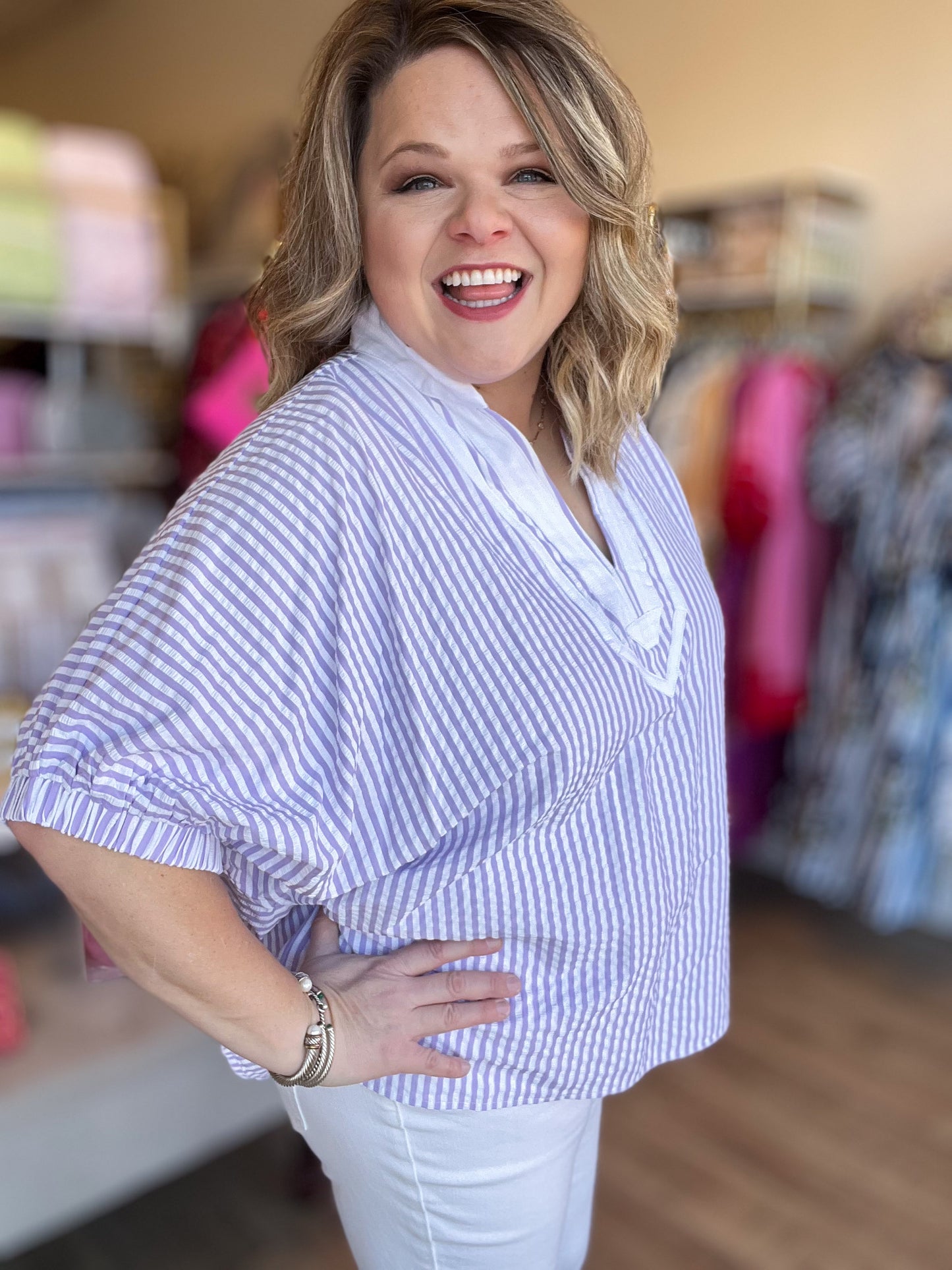 Lavender Haze Curvy Dolman Stripe Top