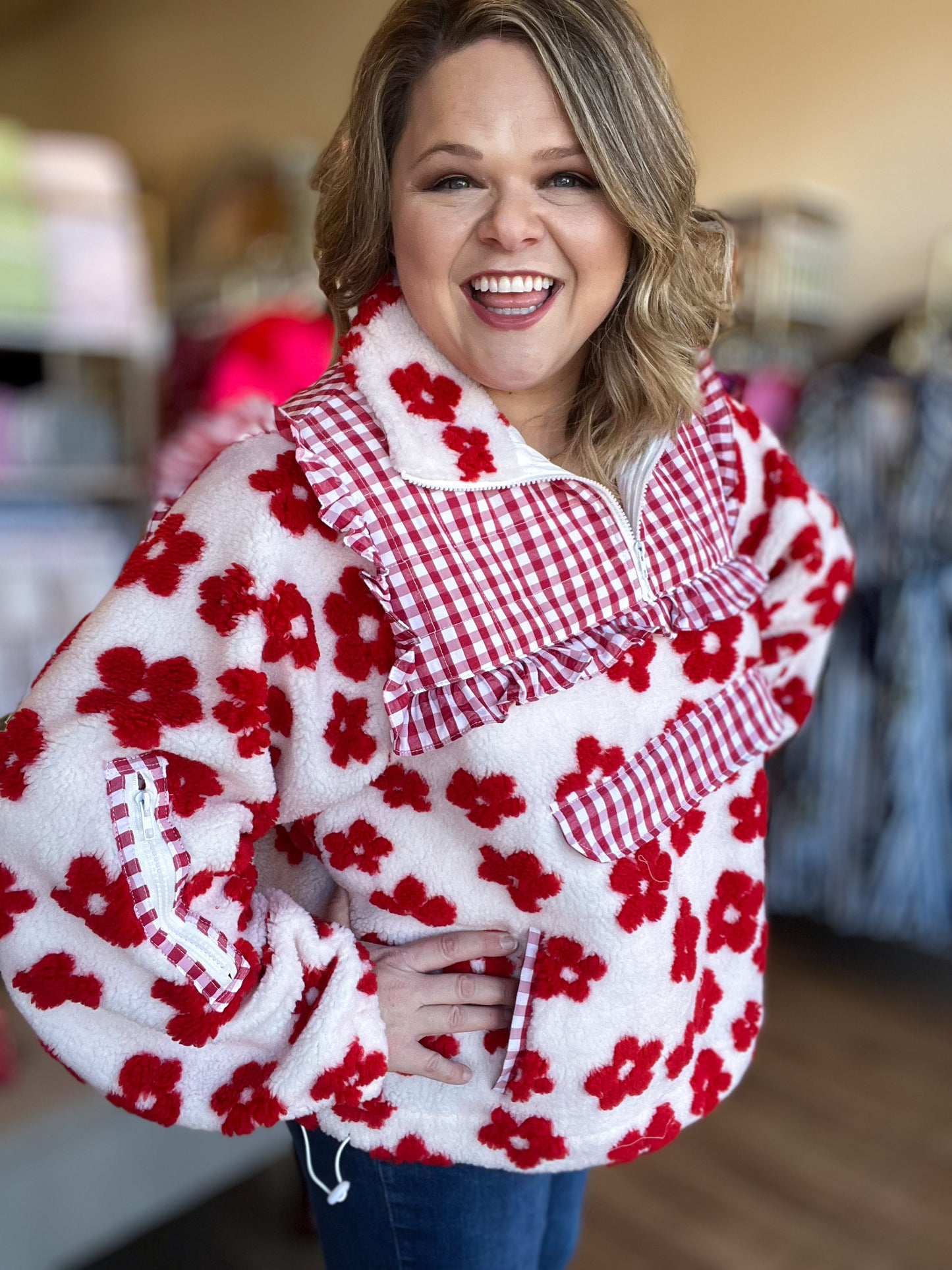 RESTOCKED! Life's a Picnic Plus-Size Gingham Floral Half Zip
