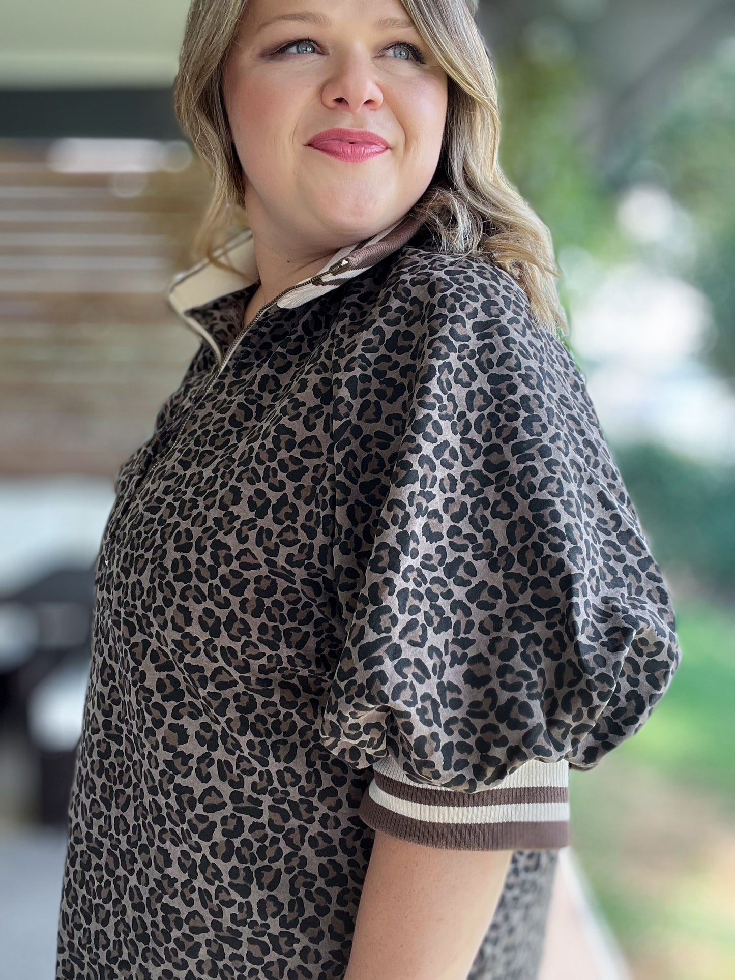 Longed for Adventure Curvy Mocha Ribbed Collar Leopard Top
