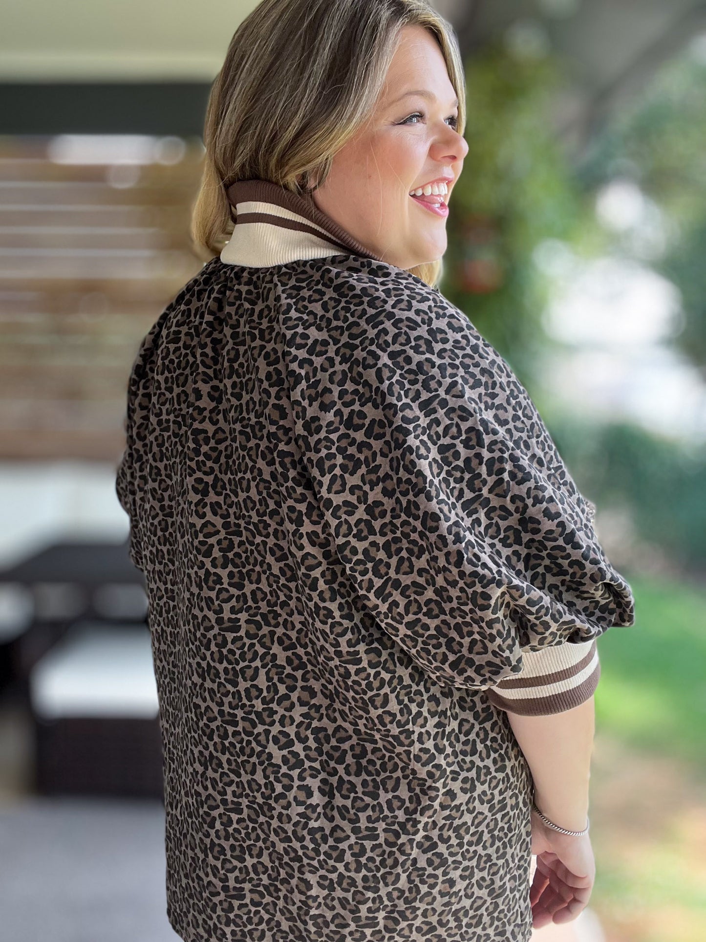 Longed for Adventure Curvy Mocha Ribbed Collar Leopard Top