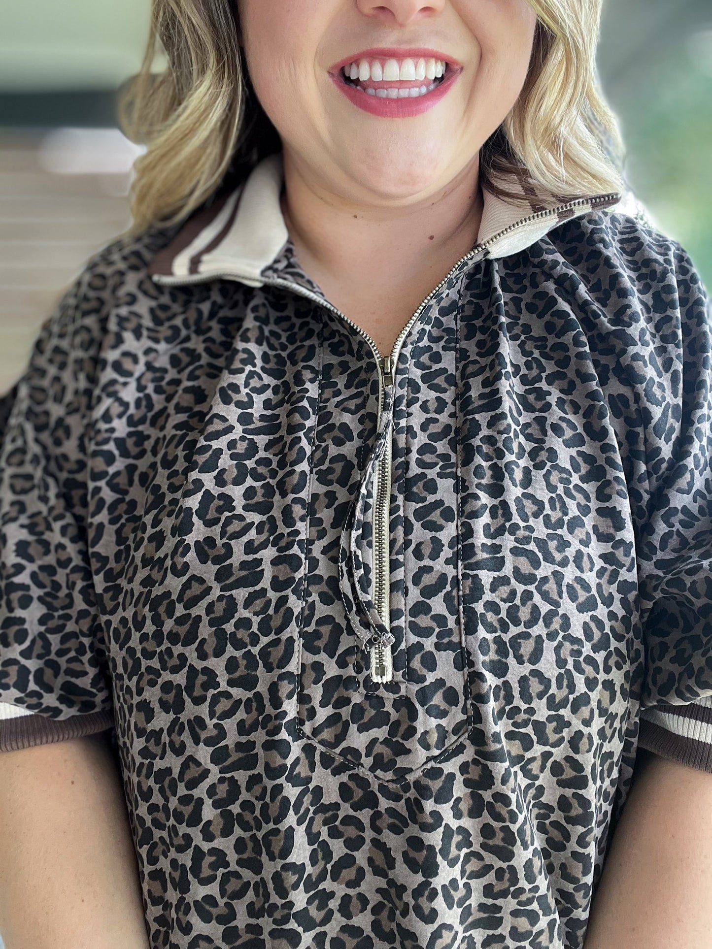 Longed for Adventure Curvy Mocha Ribbed Collar Leopard Top