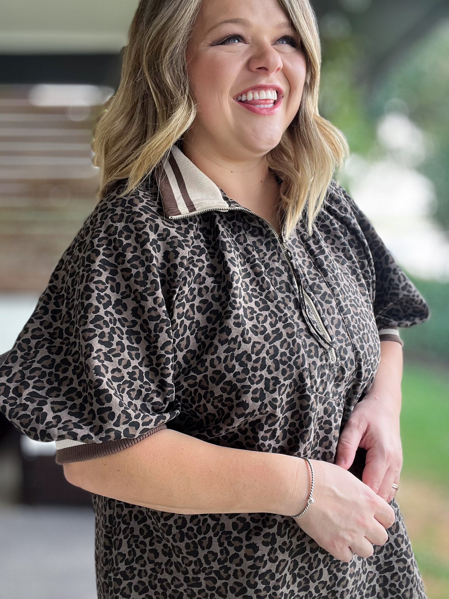 Longed for Adventure Curvy Mocha Ribbed Collar Leopard Top
