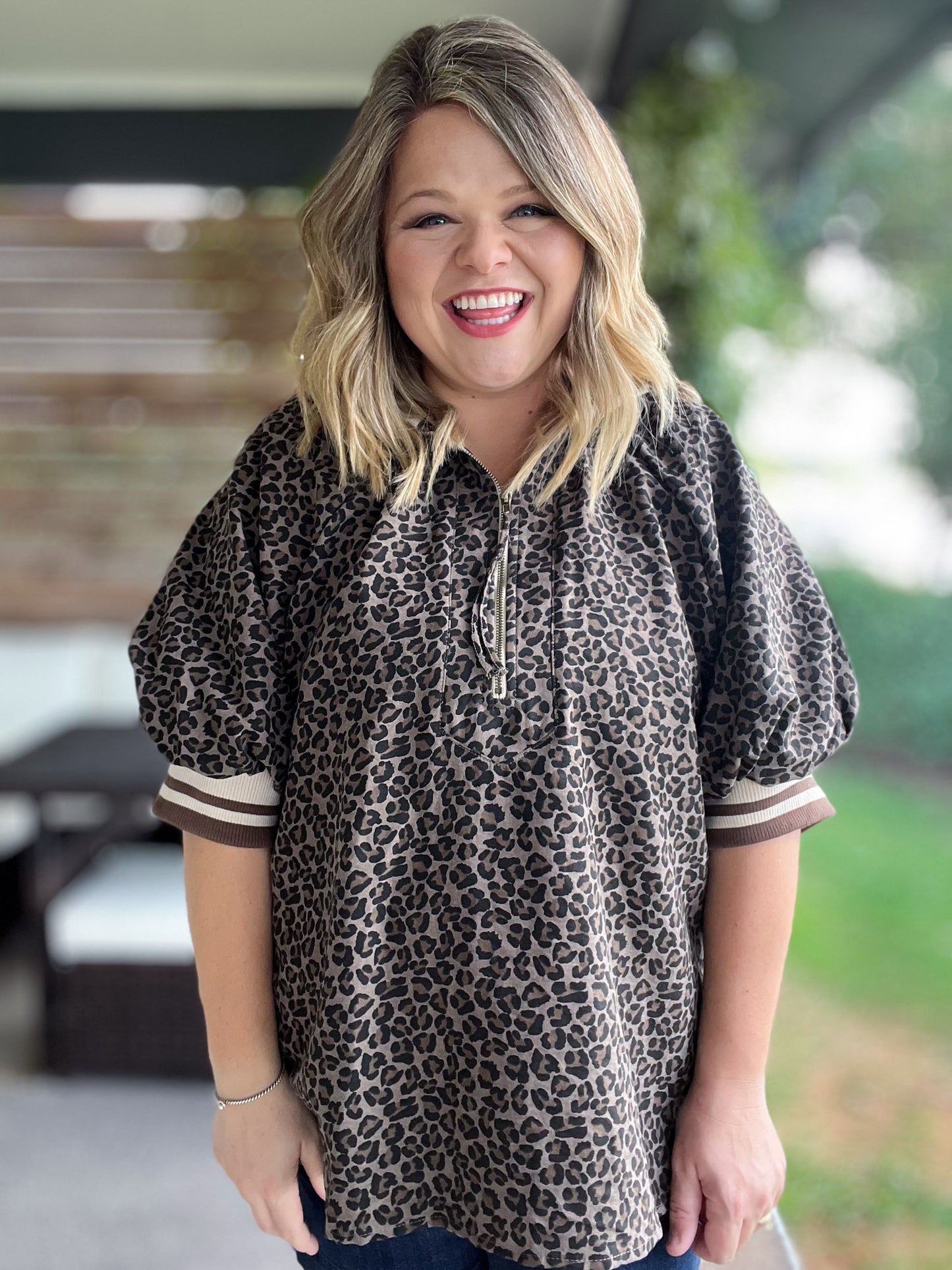 Longed for Adventure Curvy Mocha Ribbed Collar Leopard Top