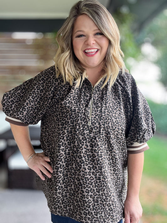 Longed for Adventure Curvy Mocha Ribbed Collar Leopard Top