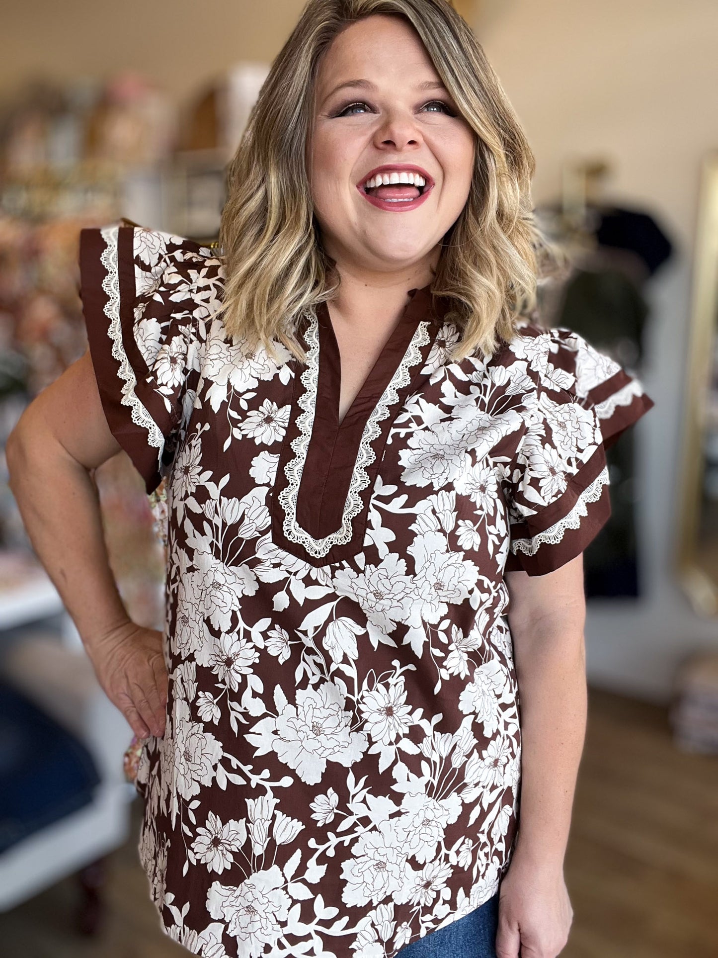 Love You a (Mocha) Latte Curvy Flutter Sleeve Lace Top
