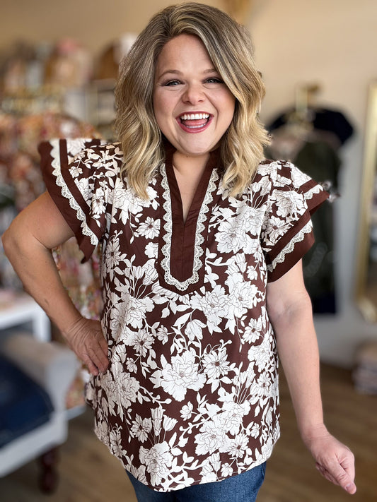 Love You a (Mocha) Latte Curvy Flutter Sleeve Lace Top