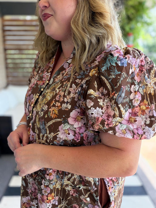 Luxe Layers Curvy Brown Floral Eyelet Midi Dress