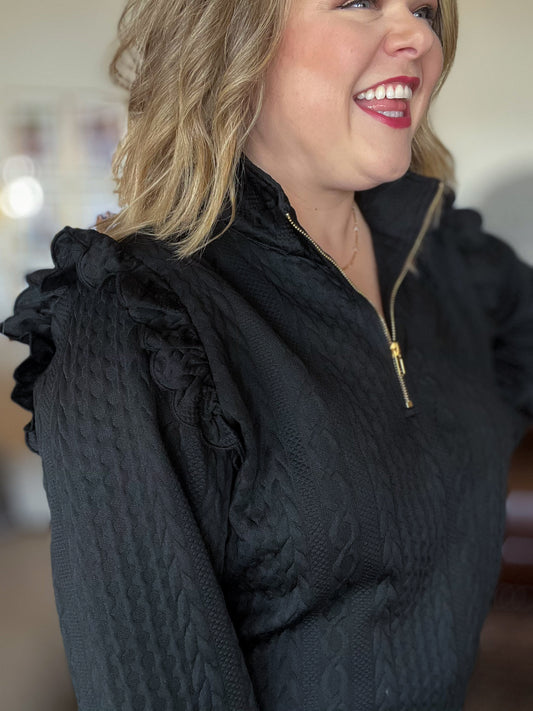 Midnight Ember Curvy Black Cable Knit Half Zip Top