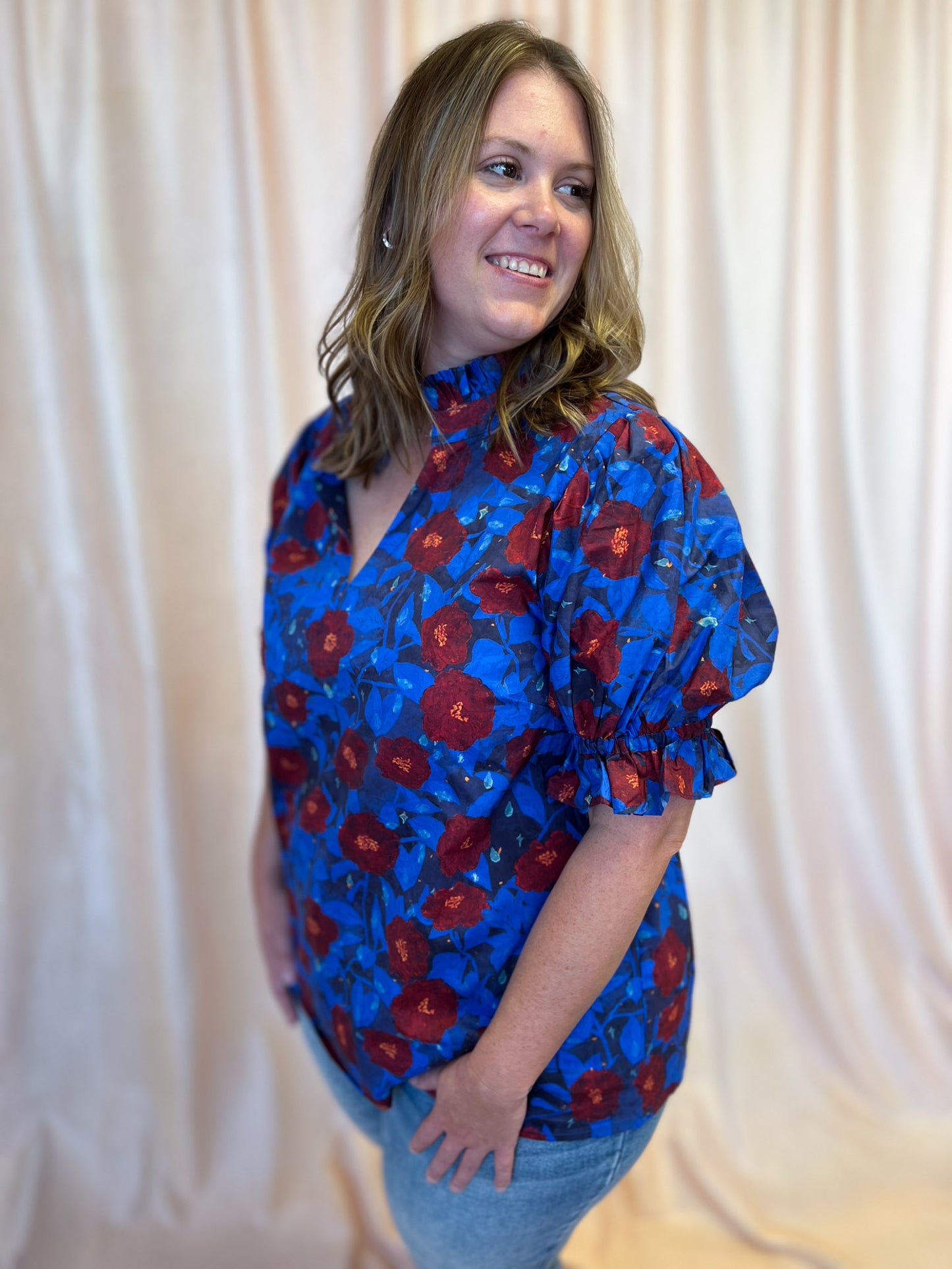 Midnight Moonflowers Curvy Blue Floral Top