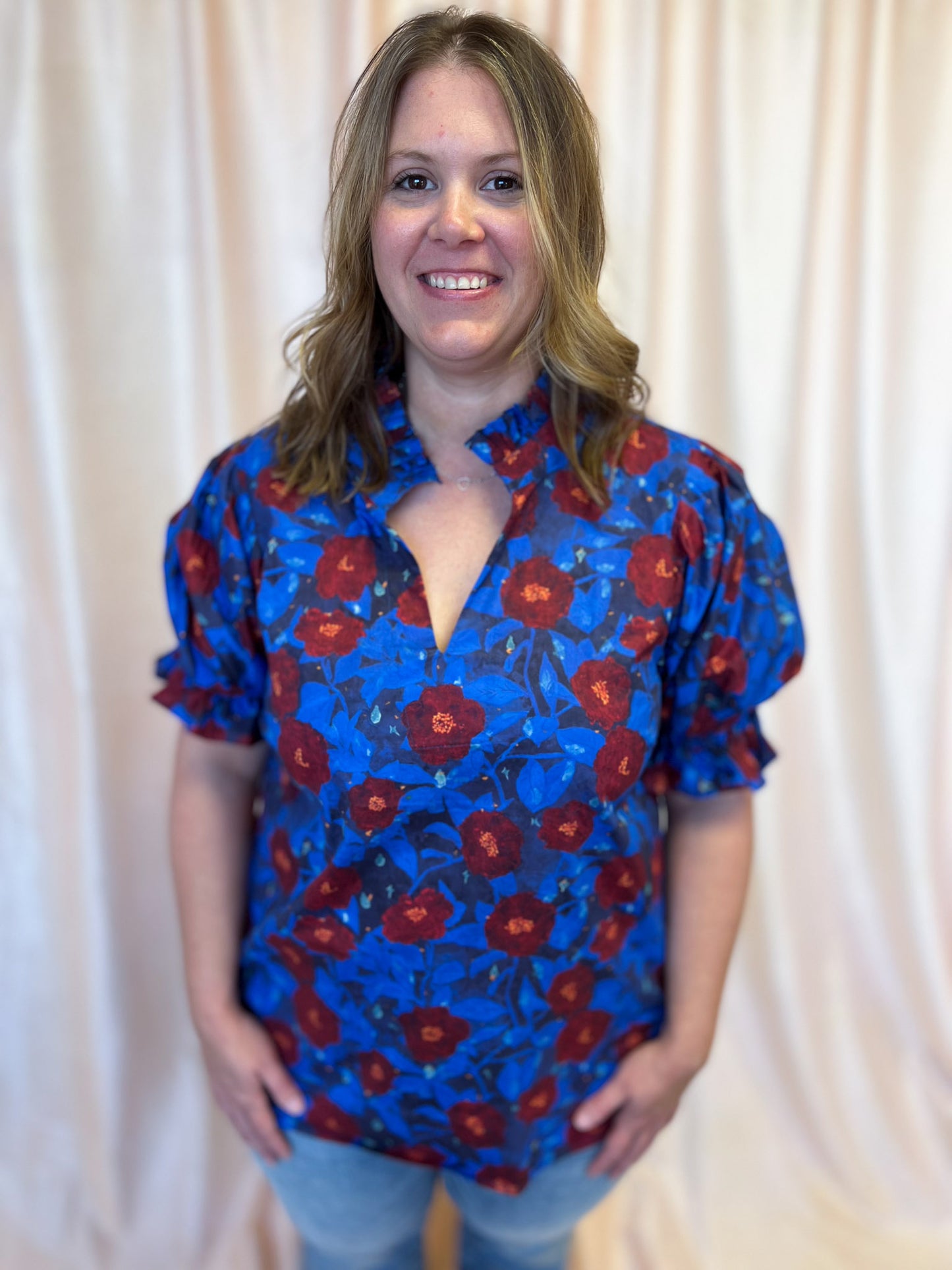 Midnight Moonflowers Curvy Blue Floral Top