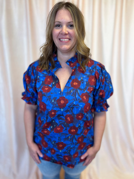 Midnight Moonflowers Curvy Blue Floral Top