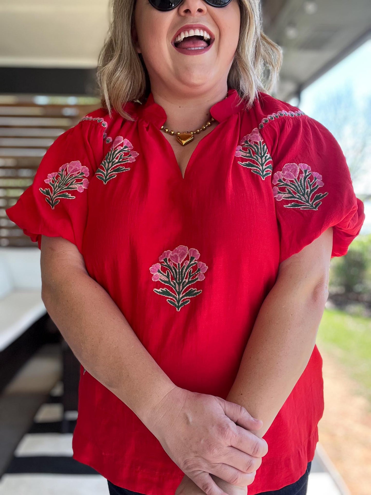 Miss American Pie Curvy Red Bubble Sleeve Top