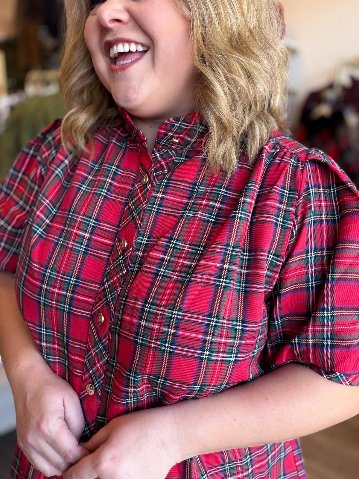 Mistletoe & Martinis Tartan Puff Sleeve Top