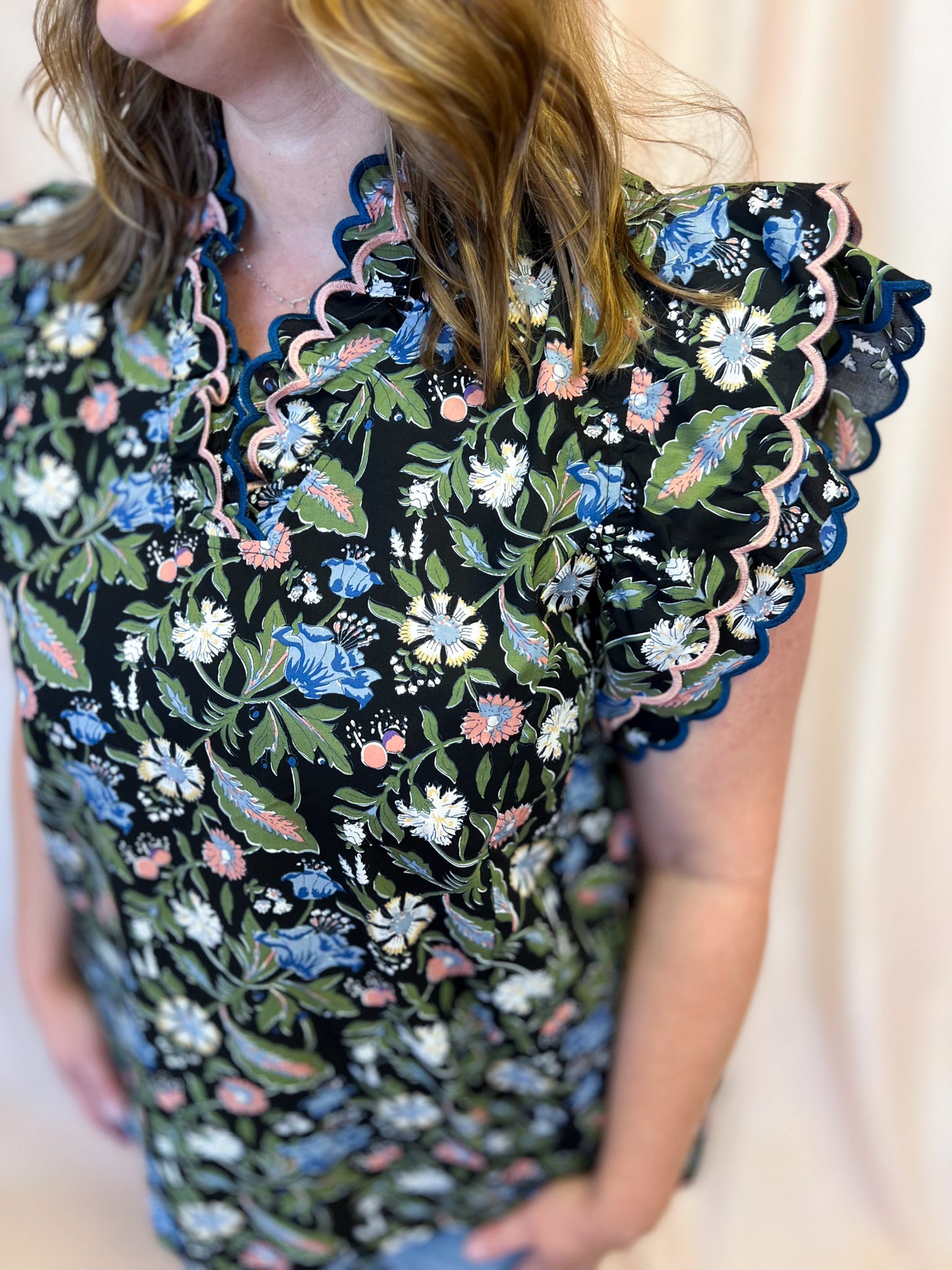 Moonlit Florals Curvy Black Scallop Top
