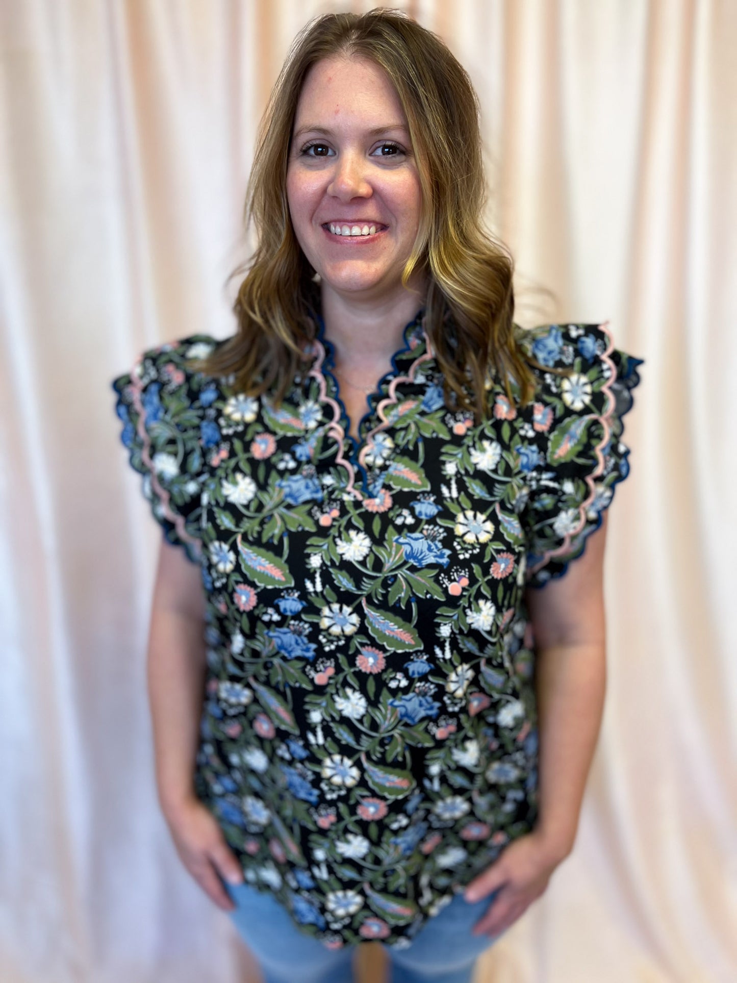 Moonlit Florals Curvy Black Scallop Top
