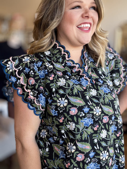 RESTOCKED! Moonlit Florals Curvy Black Scallop Top