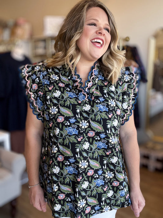 RESTOCKED! Moonlit Florals Curvy Black Scallop Top