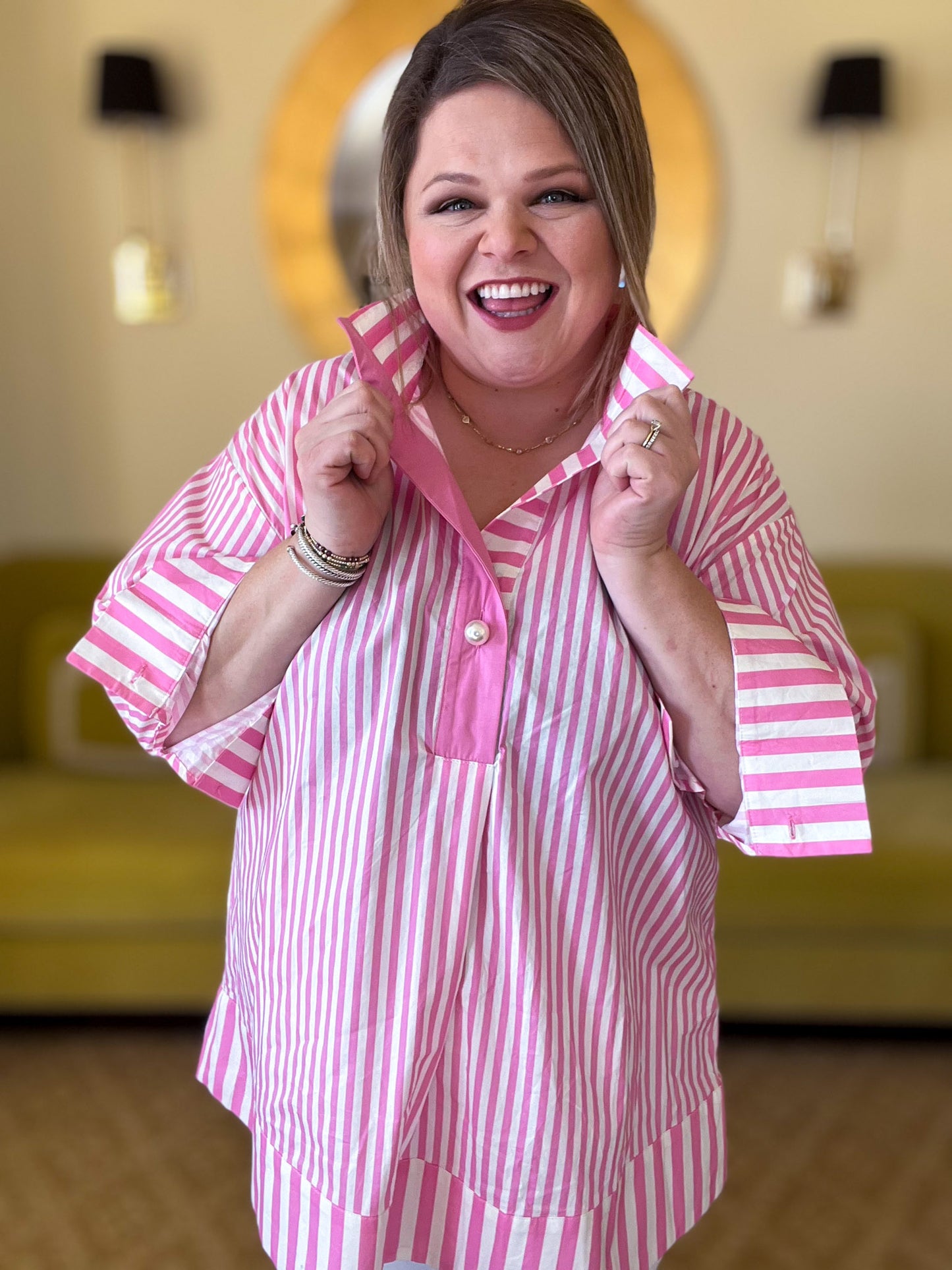 Mother of Pearl Curvy Pink Striped Blouse