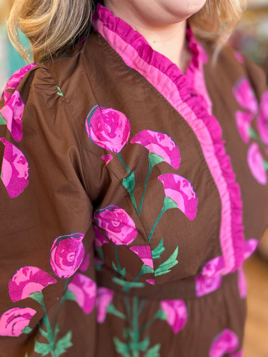 Mulberry Magic Curvy Brown Ruffle Midi Dress