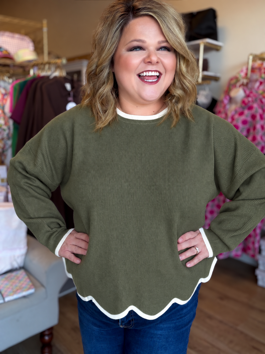 Brunch in Banff Curvy Olive Scalloped Sweater