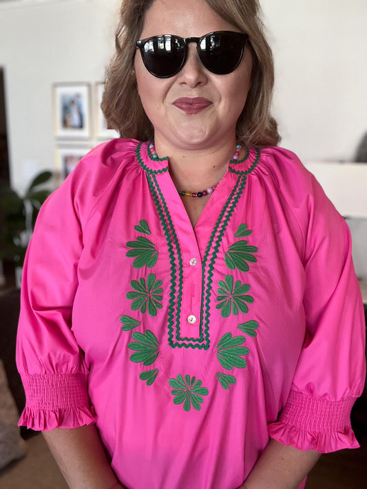 Neon Daydream Curvy Pink & Green Embroidered Top