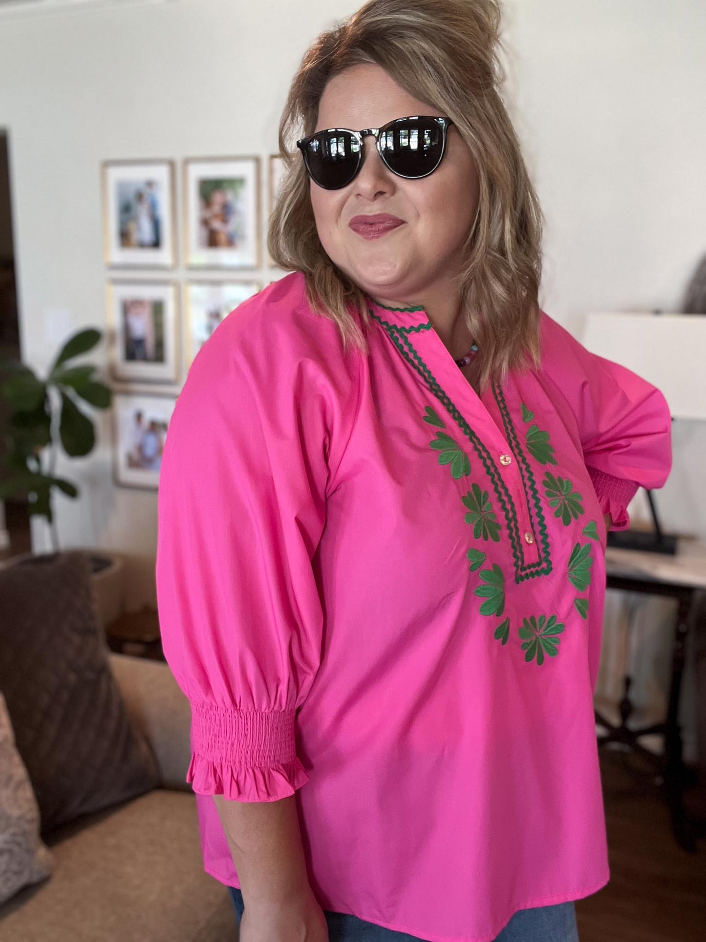 Neon Daydream Curvy Pink & Green Embroidered Top