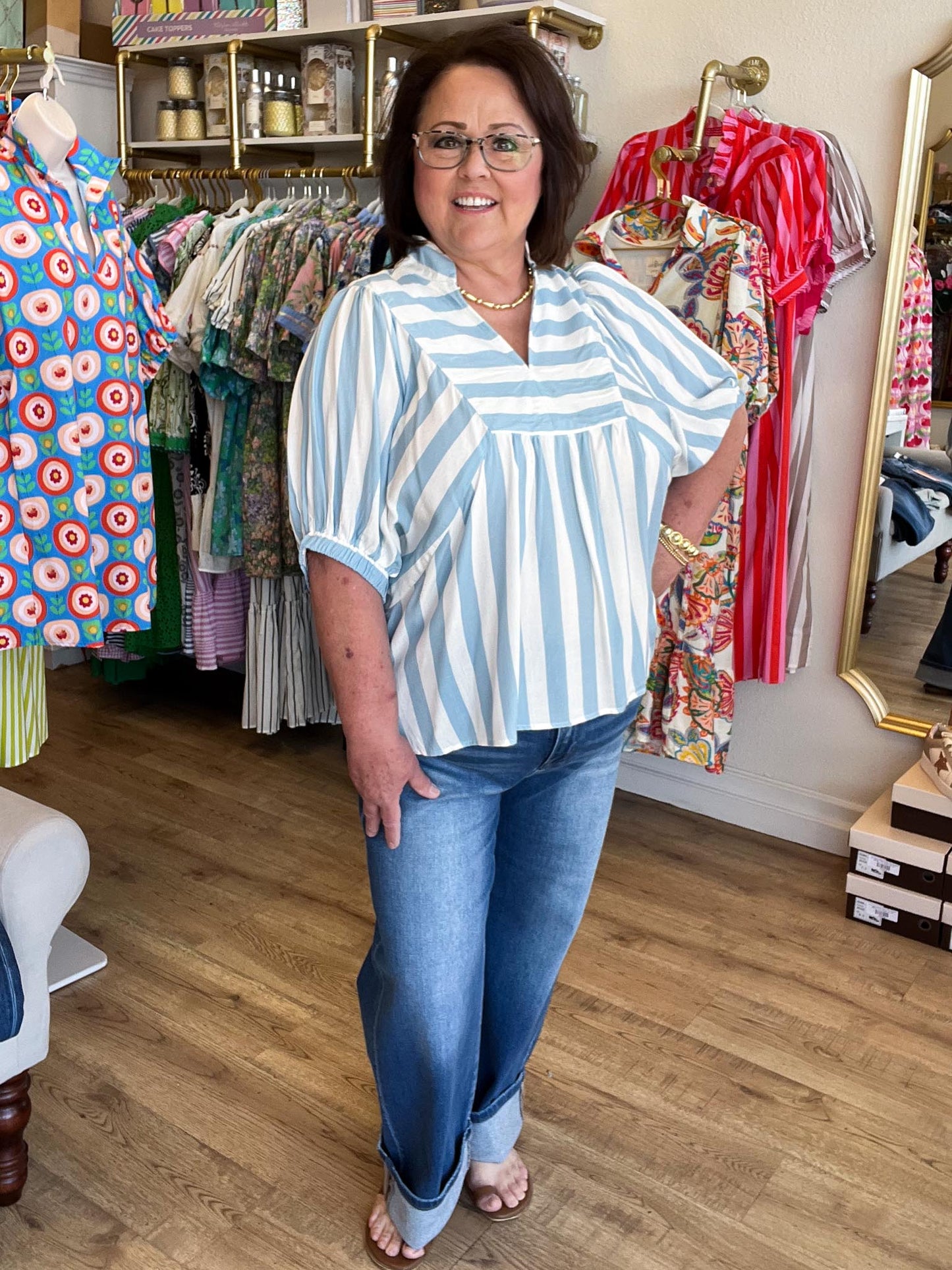 Ocean Mist Curvy Blue Stripe Dolman Top