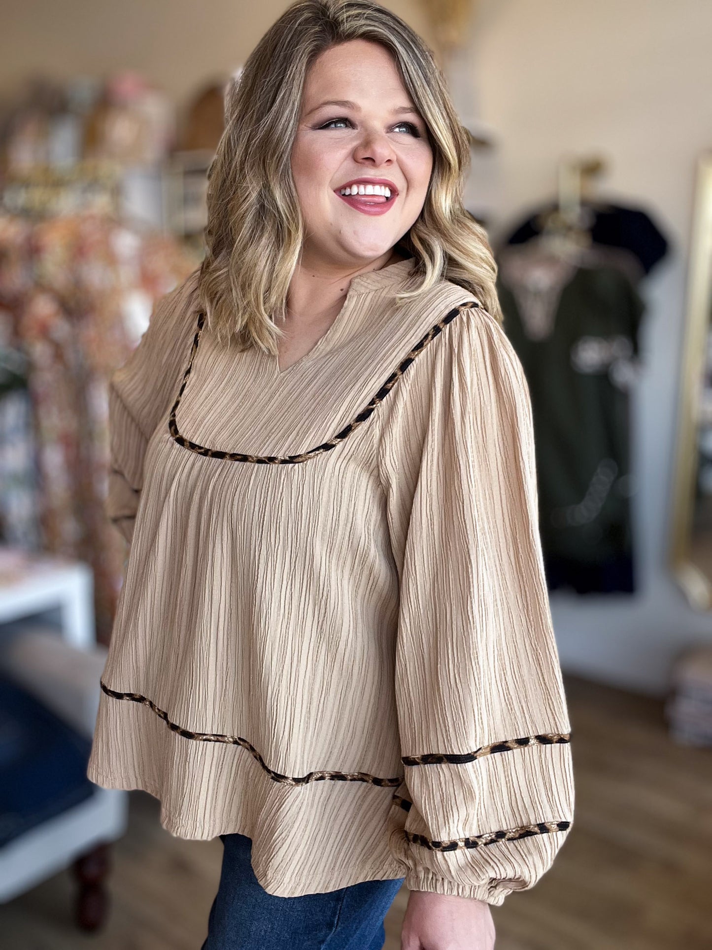 Oh My Gourd Curvy Textured Leopard Trim Blouse