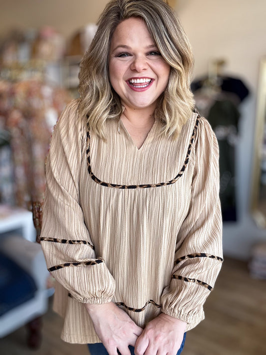 Oh My Gourd Curvy Textured Leopard Trim Blouse