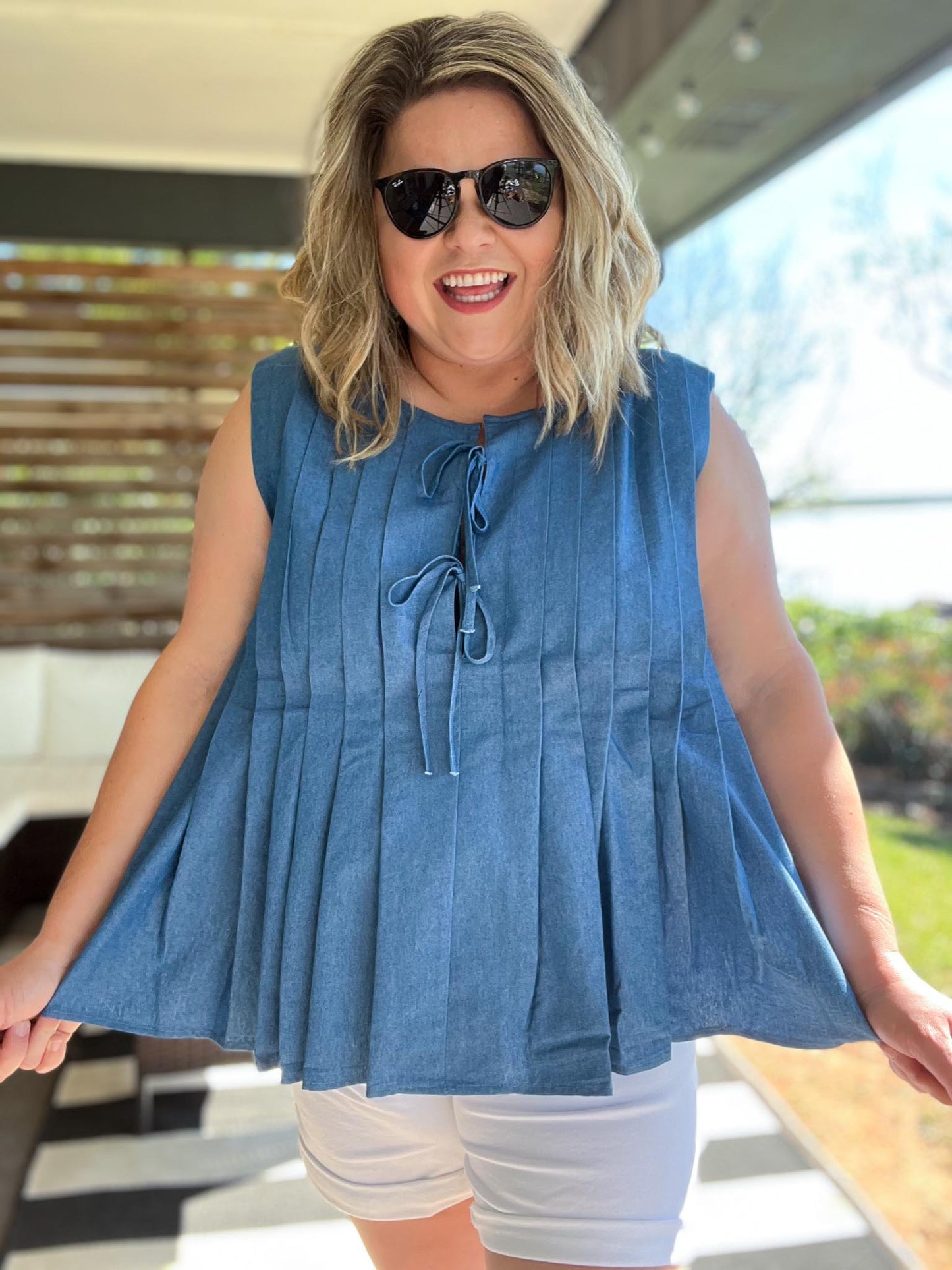 Old Glory Curvy Washed Denim Tie Front Top