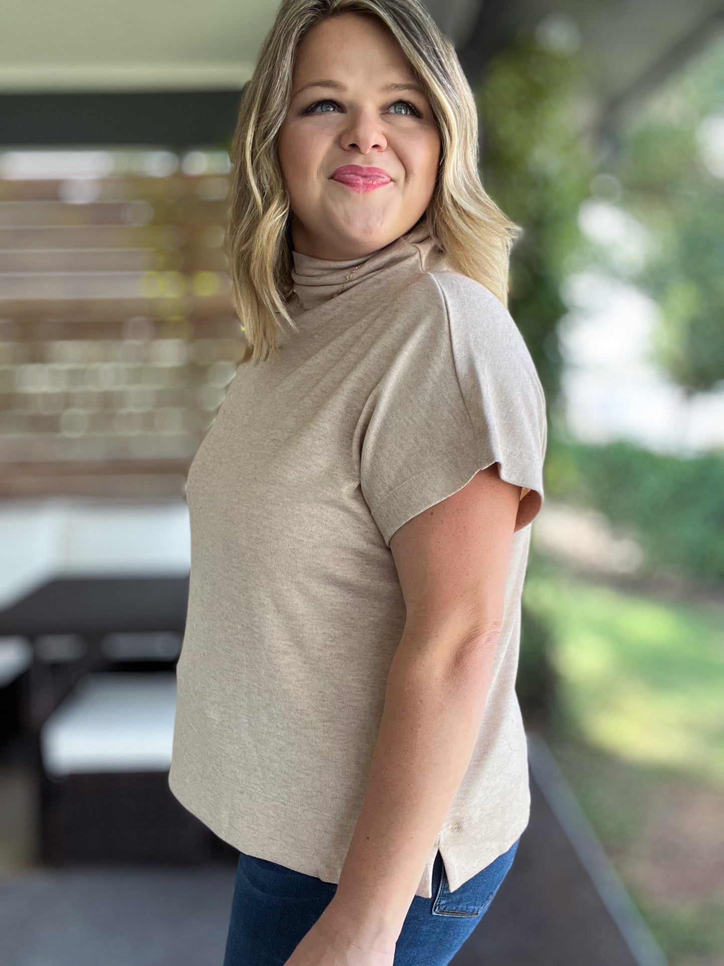 Old Money Vibes Curvy Oatmeal Mock Neck Knit Top