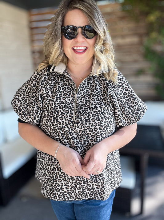 On the Prowl Cheetah Ribbed Collar Top
