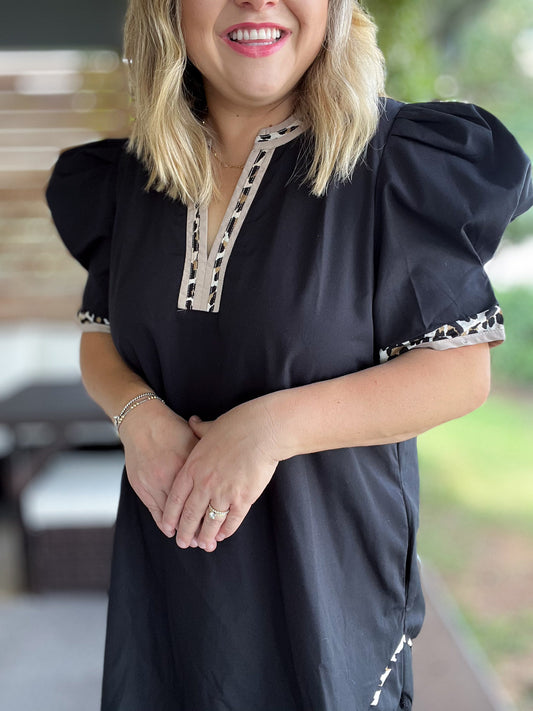 On the Wild Side Curvy Black Leopard Trim Dress